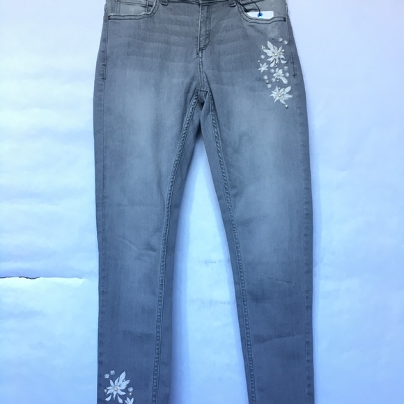 Zara Grey Mid Rise Skinny Embroidered Peal Jeans - Picture 2 of 8